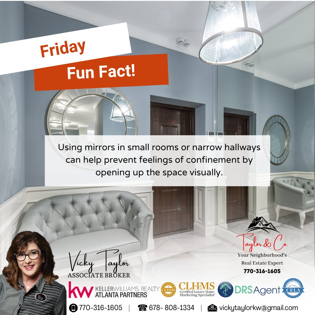 🪞 Did you know? Adding mirrors in small rooms or narrow hallways can create a sense of spaciousness and openness.
#TaylorAndCoRealty #KellerWilliamsNEATL #GARealEstateAgent #FridayFunFact #MirrorsForSpace #DesignTricks #OpenUpYourSpace #RoomyReflections #HomeDecorTips