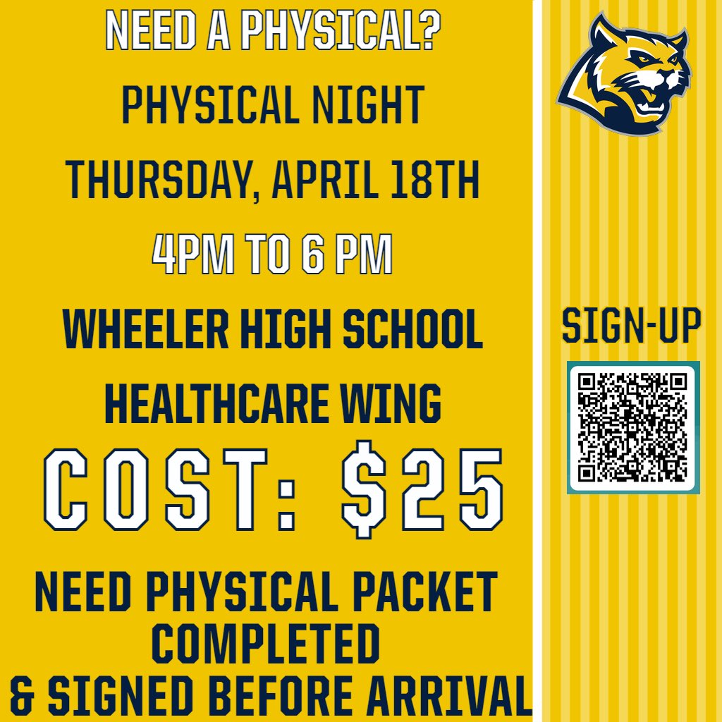 WILDCATS! It’s almost that time of year! Please join us for our annual Physicals Night on 4/18!! GO CATS!! @WHSFootball_ @XC_Wheeler @WheelerHoops @WheelerHighBB @wheeler_track @WheelerSwim @cobb_sports @CCSD_AD @HoltWildcat