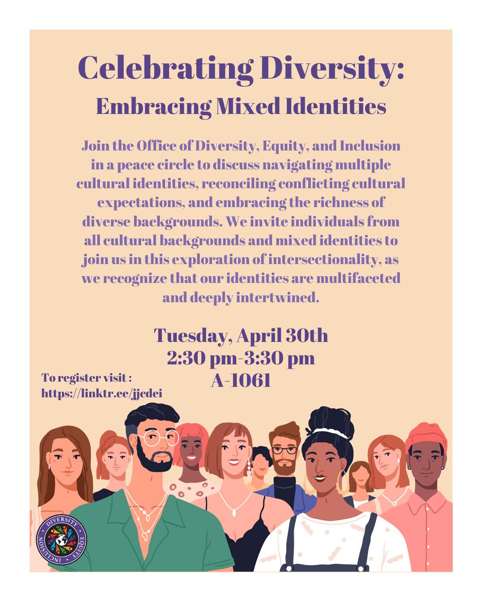 In one week, join the DEI office here on campus for a Peace Circle celebrating diversity on campus and how we can embrace mixed identities here on campus. You can register here: linktr.ee/jjcdei
