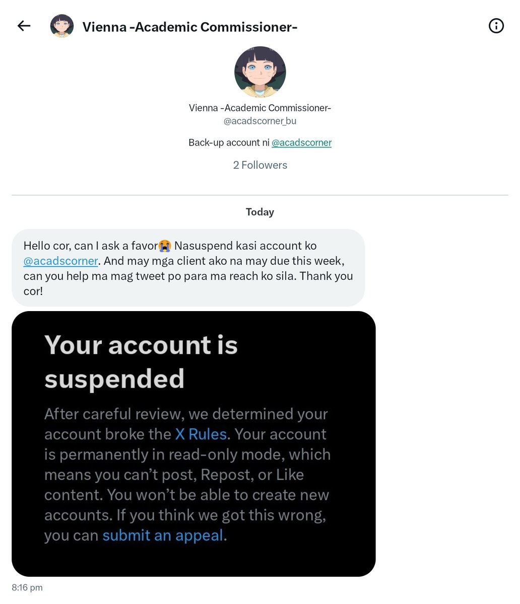 ❗ SUSPENDED ACCOUNT ❗

hello, everyone! <a href="/acadscorner/">-OPEN- Academic Commissioner</a>'s acc got suspended, preventing her from contacting her clients. please help her find her clients by retweeting. your rts would be a huge help 🥺 you may also contact her via her backup acc: <a href="/acadscorner_bu/">OPEN | Vienna -Academic Commissioner-</a>

lf commissioner