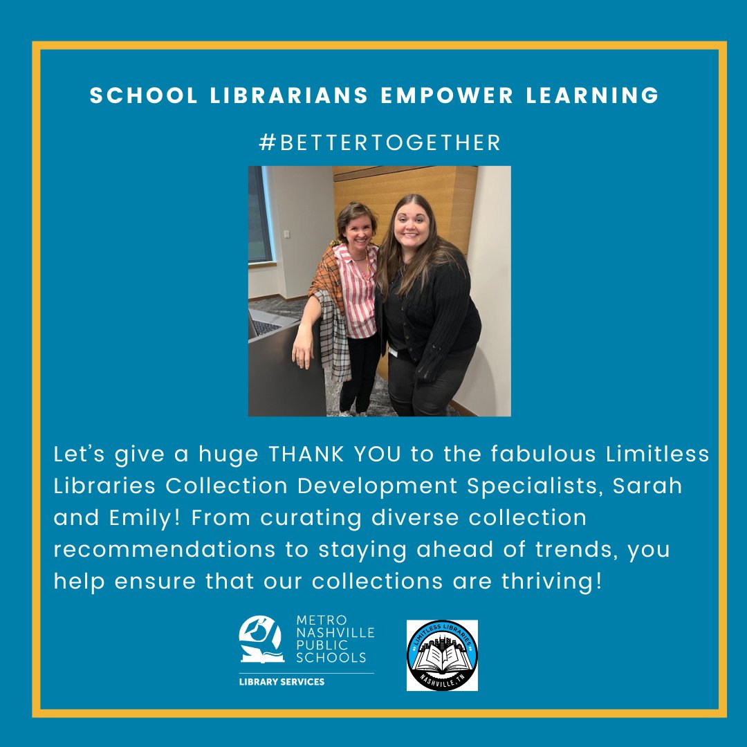 Let’s give a huge THANK YOU to the fabulous Limitless Libraries Collection Development Specialists, Sarah and Emily! From curating diverse collection recommendations to staying ahead of trends, you help ensure that our collections are thriving! @limitlesslib #MNPSReads