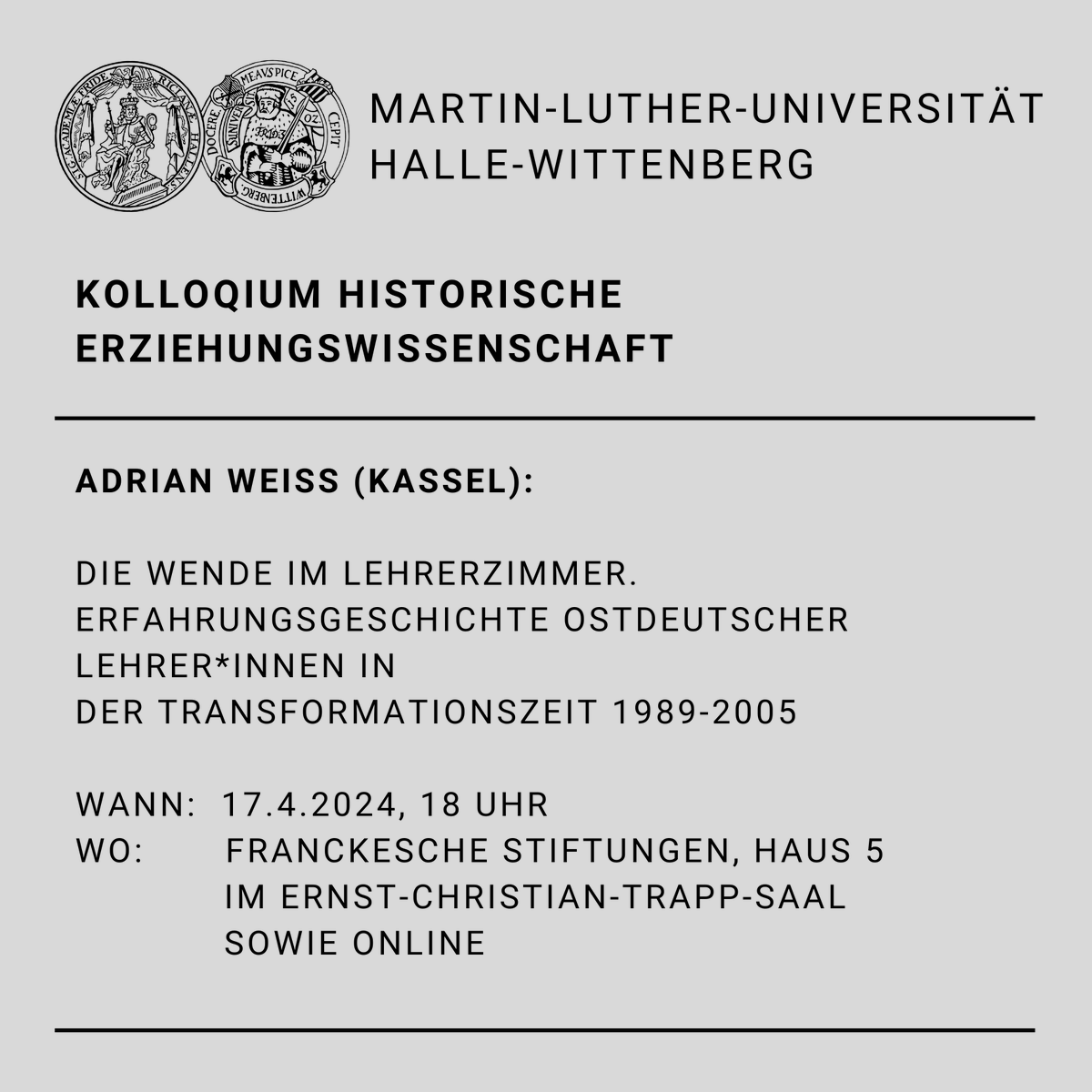 Nächsten Mittwoch an der <a href="/UniHalle/">Universität Halle (inaktiv)</a> referiert Adrian Weiss über die Wende im Lehrerzimmer anhand der Erfahrungsgeschichte ostdeutscher Lehrer*innen in der Zeit von 1989 bis 2005. 
Das Kolloquium ist ebenfalls online hier zu sehen: mluconf.uni-halle.de/b/jen-3k3-cfc-…