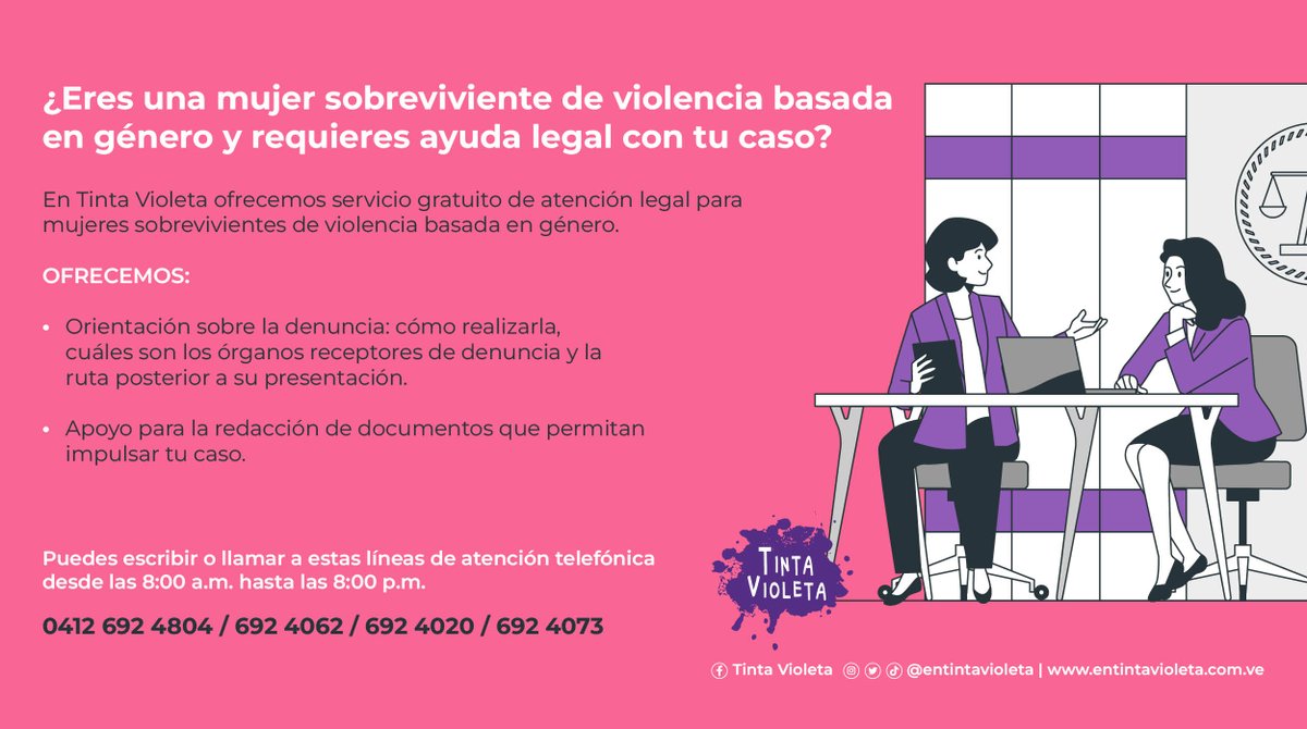 ⚖️ Tinta Violeta ofrece servicio gratuito de atención legal para mujeres que viven situación de violencia basada en género. 🫱🏽Ofrecemos: orientación sobre la denuncia y apoyo para la redacción de documentos 📲 Comunícate de 8:00 a.m. a 8:00 p.m #NosTenemos