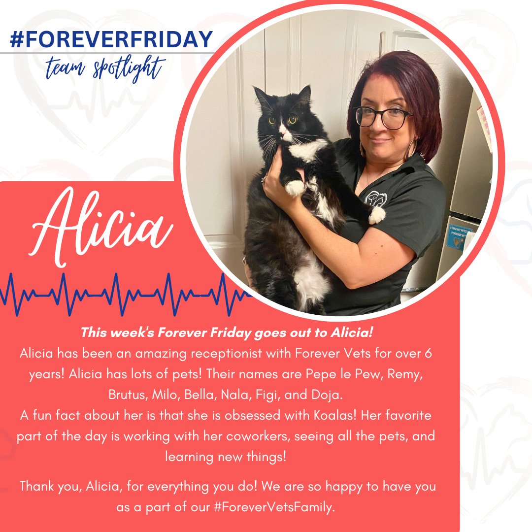 It's #ForeverFriday time! This week's spotlight is Alicia from our Murabella Parkway location! Alicia has been with Forever Vets for over 6 years! 💙 Thank you Alicia for everything you do!