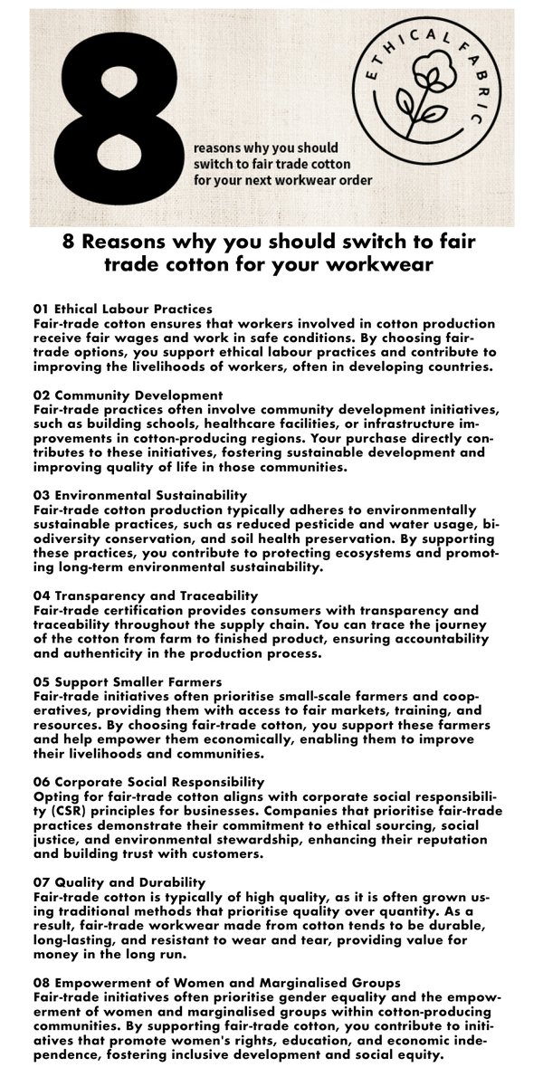 8 Reasons why you should choose fair trade cotton for your workwear: Choosing the right workwear for your business doesn't only involve material, colour and size - it's a chance to improve the lives of the people involved in the production of goods made in developing countries.