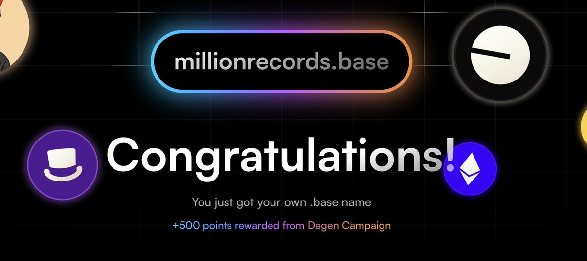 We secured our Base domain name today with @degenetokenbase on @basenameapp 💪 +5000 points rewarded from Degen Campaign Lets go ! We're @Base'd 🔵