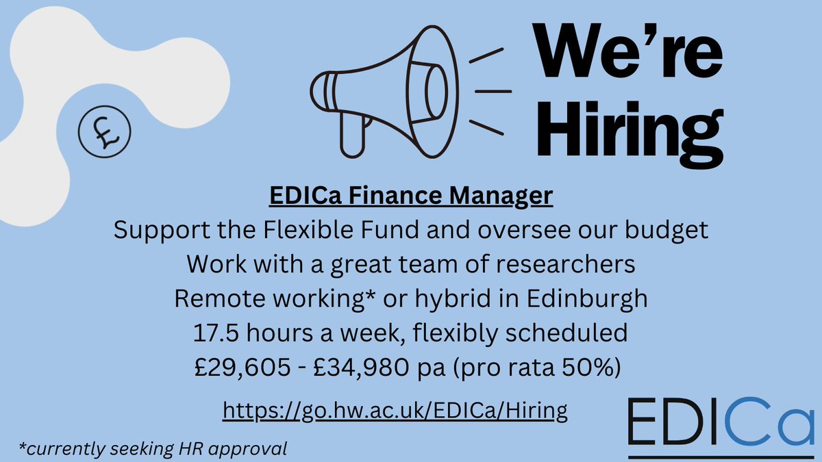 Our finance manager has moved on to another role in Heriot-Watt. We're looking for a new Finance Manager - 17.5 hours/week, flexibly scheduled. We're seeking approval for this to be a remote-working role, or can be based/hybrid in Edinburgh. go.hw.ac.uk/EDICa/Hiring Closes 5 May