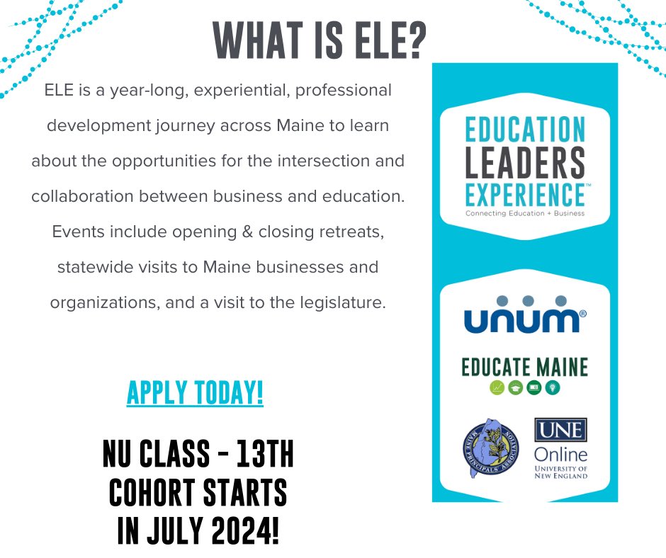 ELEMaine (@edleadersmaine) on Twitter photo We are accepting applications for #ELE #NuClass Register today for this yearlong unique professional learning opportunity! @HollyBlairMPA <a href="/mdoenews/">ME Dept of Education</a> <a href="/caryolson5/">Cary Olson</a> <a href="/EducateMaine/">Educate Maine</a>
#bizedpartnerships #Maine We are accepting applications for #ELE #NuClass Register today for this yearlong unique professional learning opportunity! @HollyBlairMPA <a href="/mdoenews/">ME Dept of Education</a> <a href="/caryolson5/">Cary Olson</a> <a href="/EducateMaine/">Educate Maine</a>
#bizedpartnerships #Maine