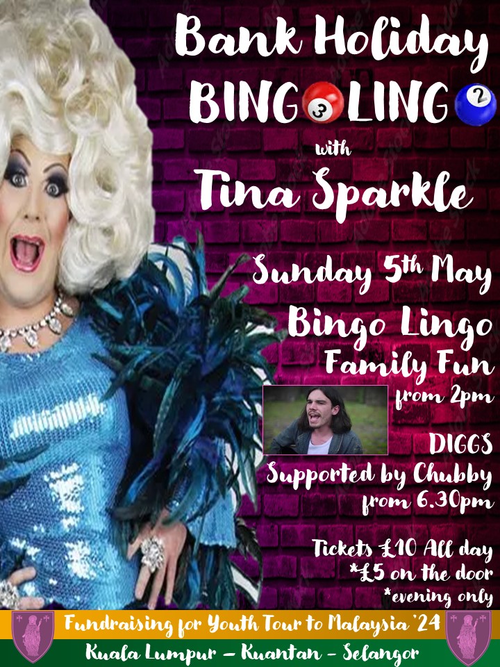 #BankHolidayFunday What a day we've got planned for Sun 5th May 😍 Bingo Lingo from 2pm with the fabulous Tina Sparkle. Followed by Diggs on vocals, supported by Chubby, who is going to 'blast out some bangers' his words 😁 into the night Tickets available from Wednesday 🤙🏻