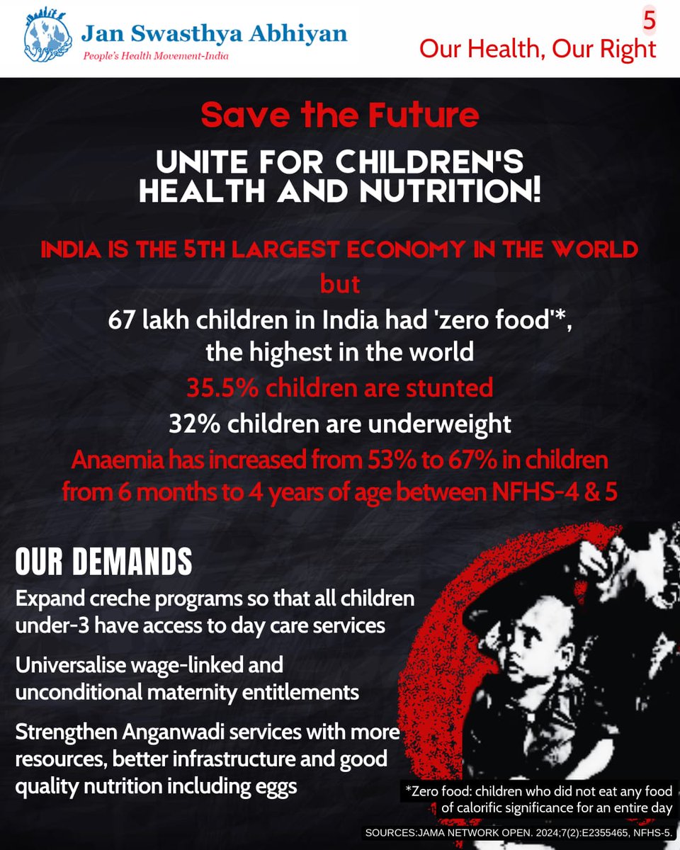 The crumpled public health system in India ensures that children sleep hungry & have abysmally bad health parameters growing up. We demand better nutrition for all children, expansion of creche programmes & strengthening of anganwadi services. #Elections2024 #HealthForAll