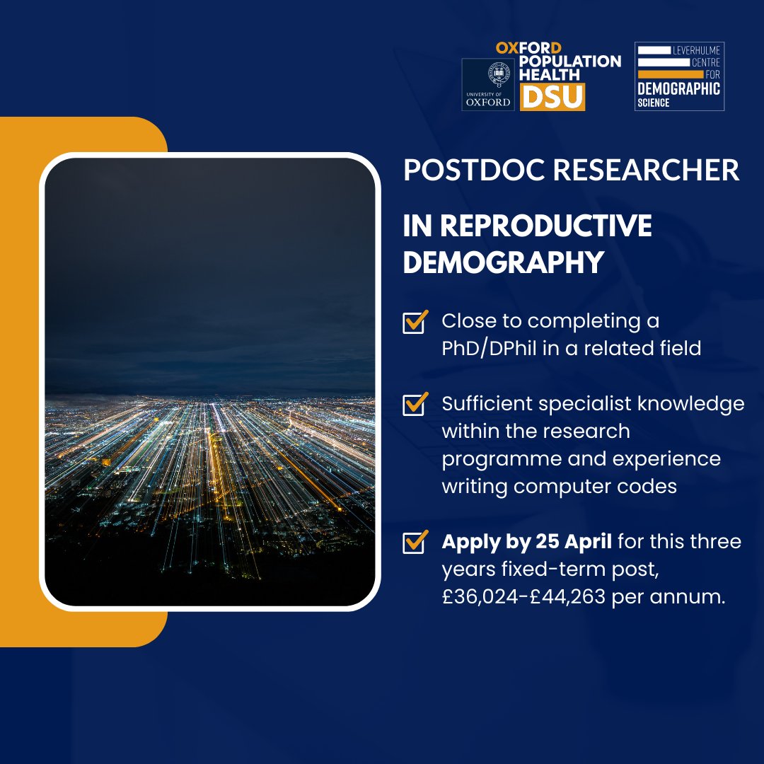 Leverhulme Centre for Demographic Science (@oxforddemsci) on Twitter photo 📣 Have you heard? Dr <a href="/JoshuaKWilde/">Joshua Wilde</a> is hiring two researchers to join his SEXRATIO project ➡ demography.ox.ac.uk/jobs
<a href="/LeverhulmeTrust/">The Leverhulme Trust</a> <a href="/Oxford_NDPH/">Oxford Population Health (OxPop)</a> <a href="/PopAssocAmerica/">PAA</a> <a href="/MPIDRnews/">MPIDR</a> 📣 Have you heard? Dr <a href="/JoshuaKWilde/">Joshua Wilde</a> is hiring two researchers to join his SEXRATIO project ➡ demography.ox.ac.uk/jobs
<a href="/LeverhulmeTrust/">The Leverhulme Trust</a> <a href="/Oxford_NDPH/">Oxford Population Health (OxPop)</a> <a href="/PopAssocAmerica/">PAA</a> <a href="/MPIDRnews/">MPIDR</a>