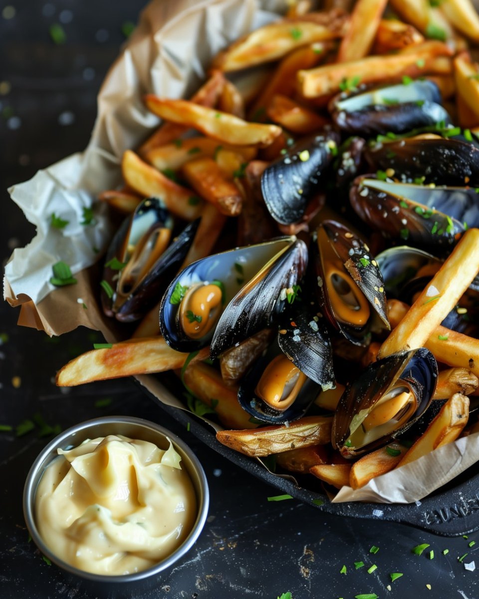 Moules et frites, a beloved Belgian dish, finds its roots in the coastal regions of Belgium, particularly in places like Brussels and Bruges. instagram.com/p/C5qcR7bKTS7/ #mussels #Moulesetfrites #frenchfries #seafoodlover #foodporn #midjourney #madewithai #aiart