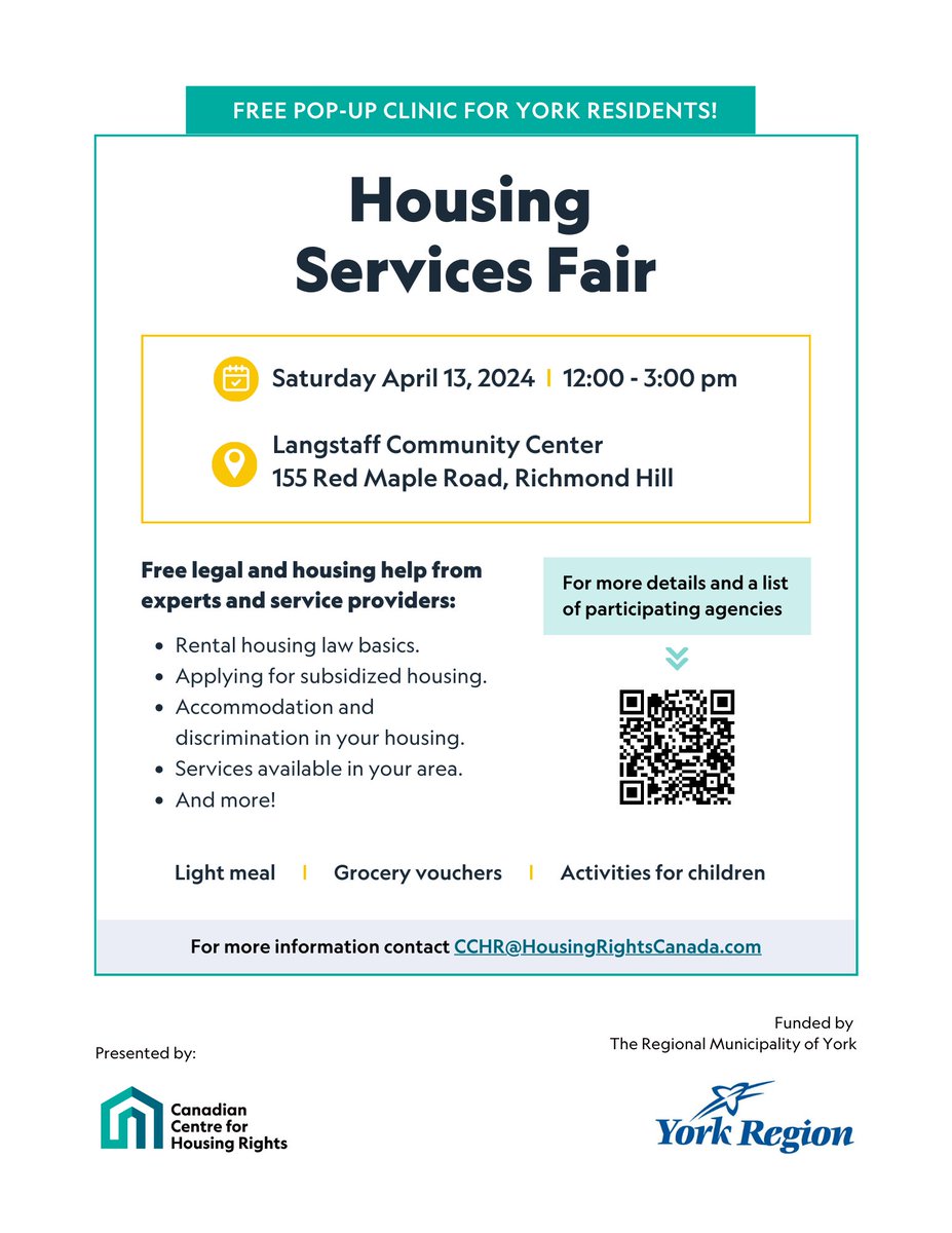 York residents: tomorrow, join us for an in-person pop-up clinic w/ several local agencies! Get free legal & housing help from experts & service providers on rental law, subsidized housing apps, discrimination, services in your area & more! Details: housingrightscanada.com/event/housing-…