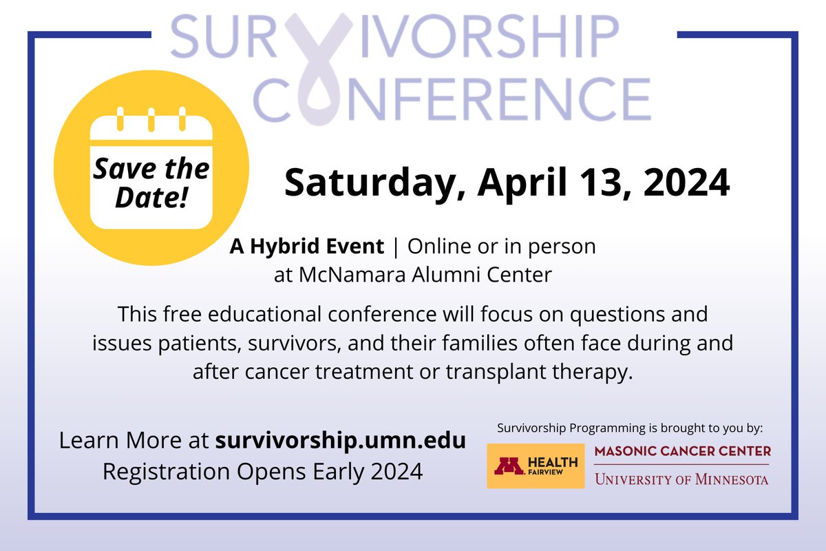 Are you registered for the 2024 Survivorship Conference happening tomorrow, April 13? This conference will be focused on questions and issues that survivors and their families often face after cancer treatment or following stem-cell transplantation. cancer.umn.edu/events/survivo…