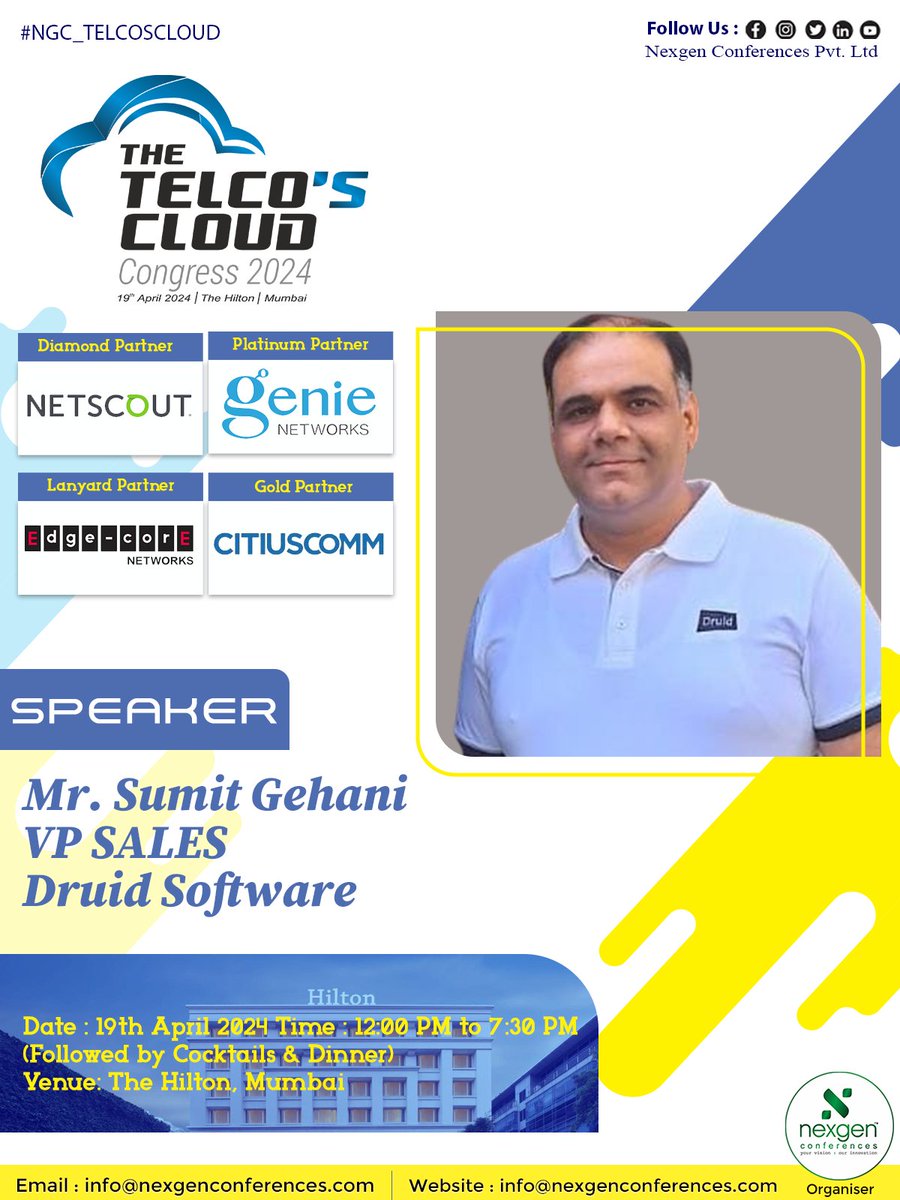 We're excited to announce that Mr. Sumit K. Gehani, VP Sales at @druid_software, will be speaking at The Telco's Cloud Congress 2024 on 19th April at The Hilton Mumbai
12:00 PM - 07:30 PM (Followed by Cocktails & Dinner)
#NGC_TELCOSCLOUD #TelcosCloudCongress2024 #DruidSoftware