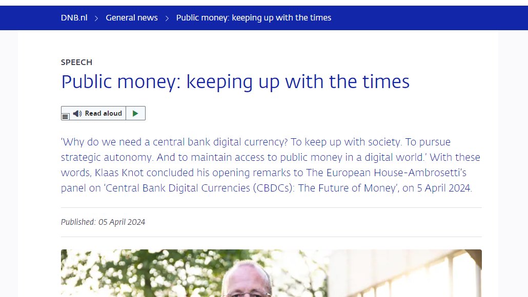 On the same day I published a piece calling out government officials touting the decline of cash as a reason to launch a CBDC, De Nederlandsche Bank published a speech… touting the decline of cash as a reason to launch a CBDC. Let's walk through the argument. 🧵