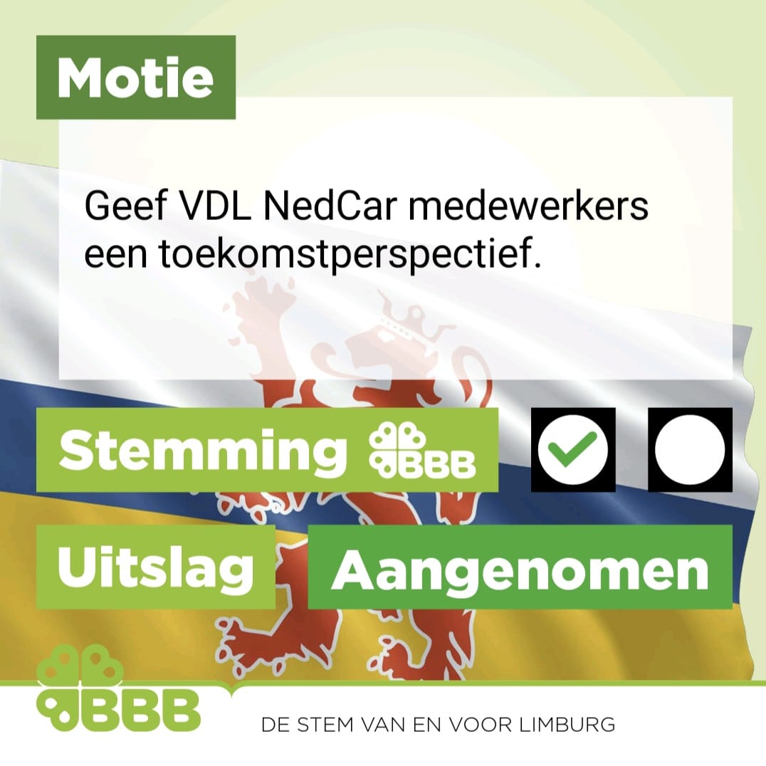 Duncan_Zeedzen's tweet photo. "Mijn" motie om zorg te dragen voor een toekomstperspectief voor (ex) VDL NedCar medewerkers is vandaag aangenomen in de Provinciale Staten vergadering tijdens de behandeling van het beleidskader "Werken aan een toekomstbestendige Economie voor Limburg".

#NedCar #BBB https://t.co/9r33JeNCE1
