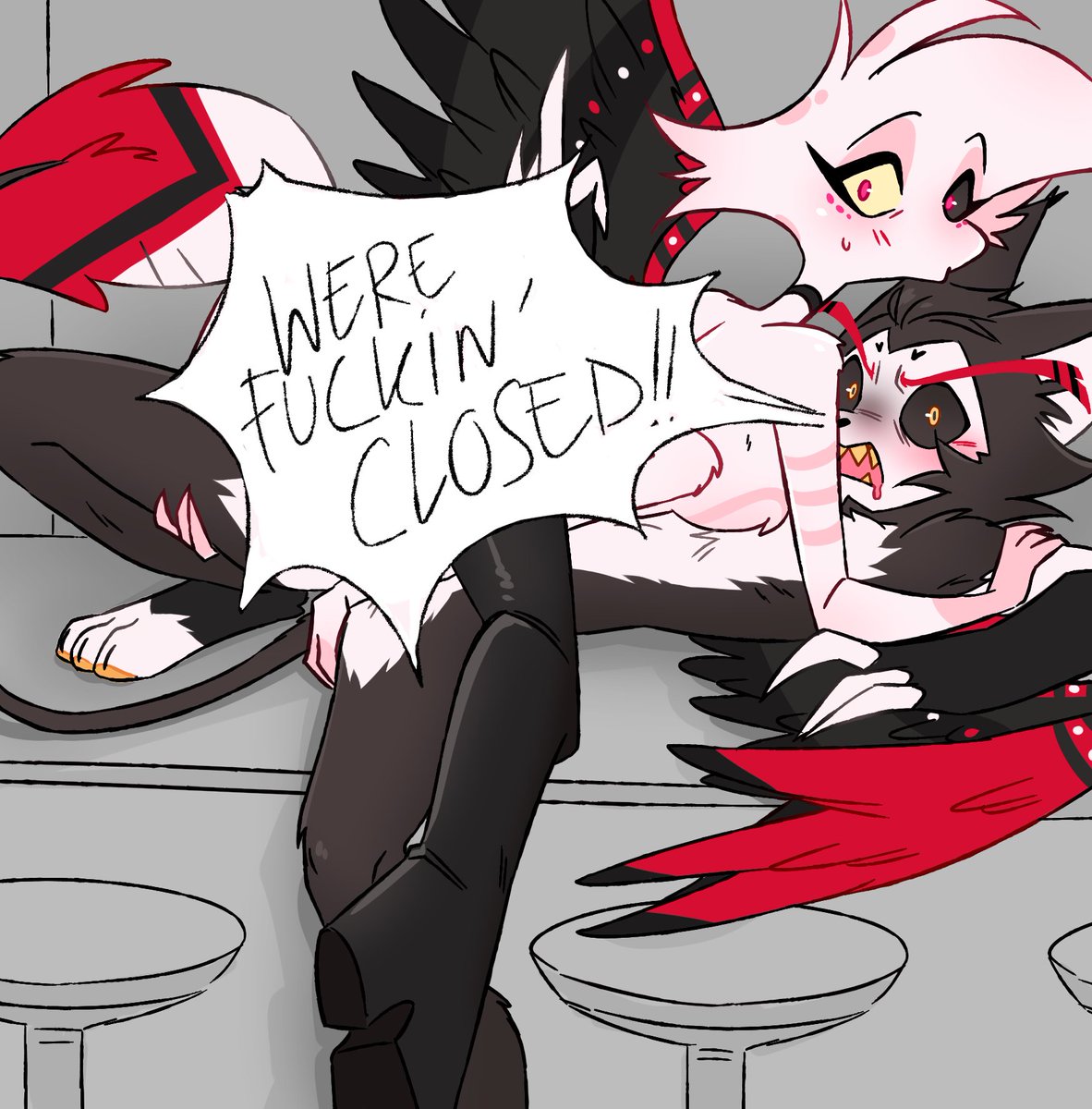 cw // explicit nudity, alcohol and fuckin :>

.
.
.
.
.
.

i dub this series 'bar hopping' (im so unserious about explicit works) 

3 full works in post below👇 #huskerdust #HazbinHotelFanart