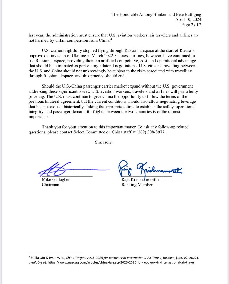 NEW: Chairman @RepGallagher & RM @CongressmanRaja call on @SecBlinken to rethink plans to increase US flights with Chinese airlines. “US citizens traveling between the US and China should not unknowingly be subject to the risks associated with flying through Russian airspace.”