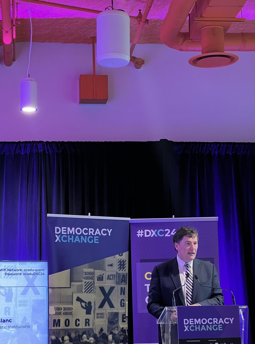 A critical and timely conversation begins with a clear call to action including new legislation making Vote On Campus permanent. A clear commitment from Minister LeBlanc to the health of Canada’s democracy. #dxc24 congratulations to @daisTMU @OCAD @OpenDemocracyCA