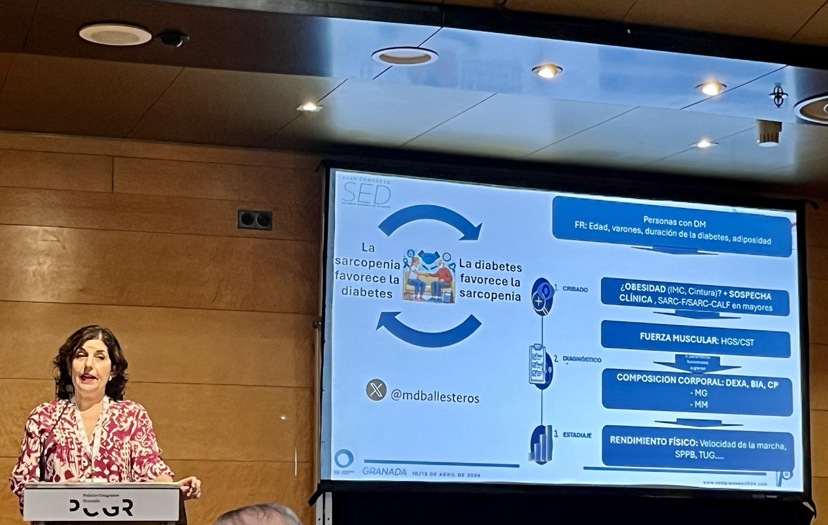 🆘 Cuidado con las dietas, adecuado consumo de proteínas. Pérdida yatrogenica de masa muscular.
Ejercicio es fundamental en el TTO de la persona con DM 
👁️ con la medicación antidiabéticos y la sarcopenia