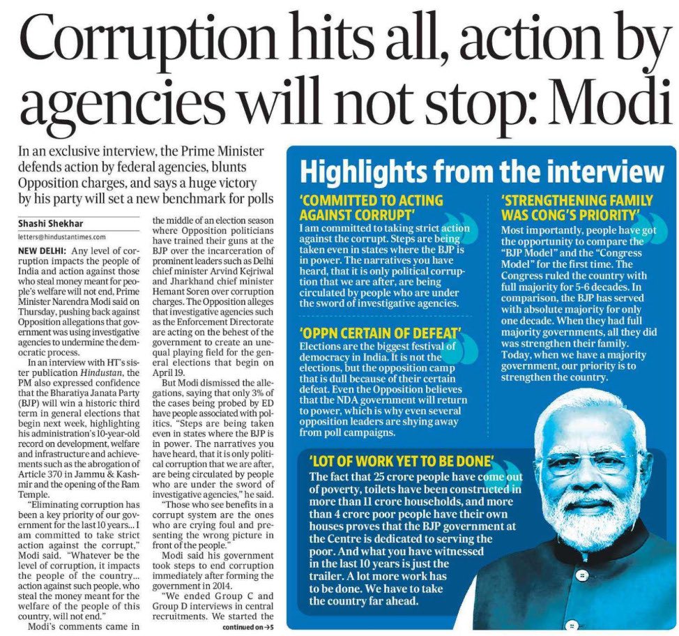 A must read interview of Prime Minister Shri @narendramodi Ji with the Hindustan Times. “The KarmaYogi” lists out the exemplary achievements of His Government in the last 10 years and also highlights about His vision for Bharat. #AbkiBaar400Paar