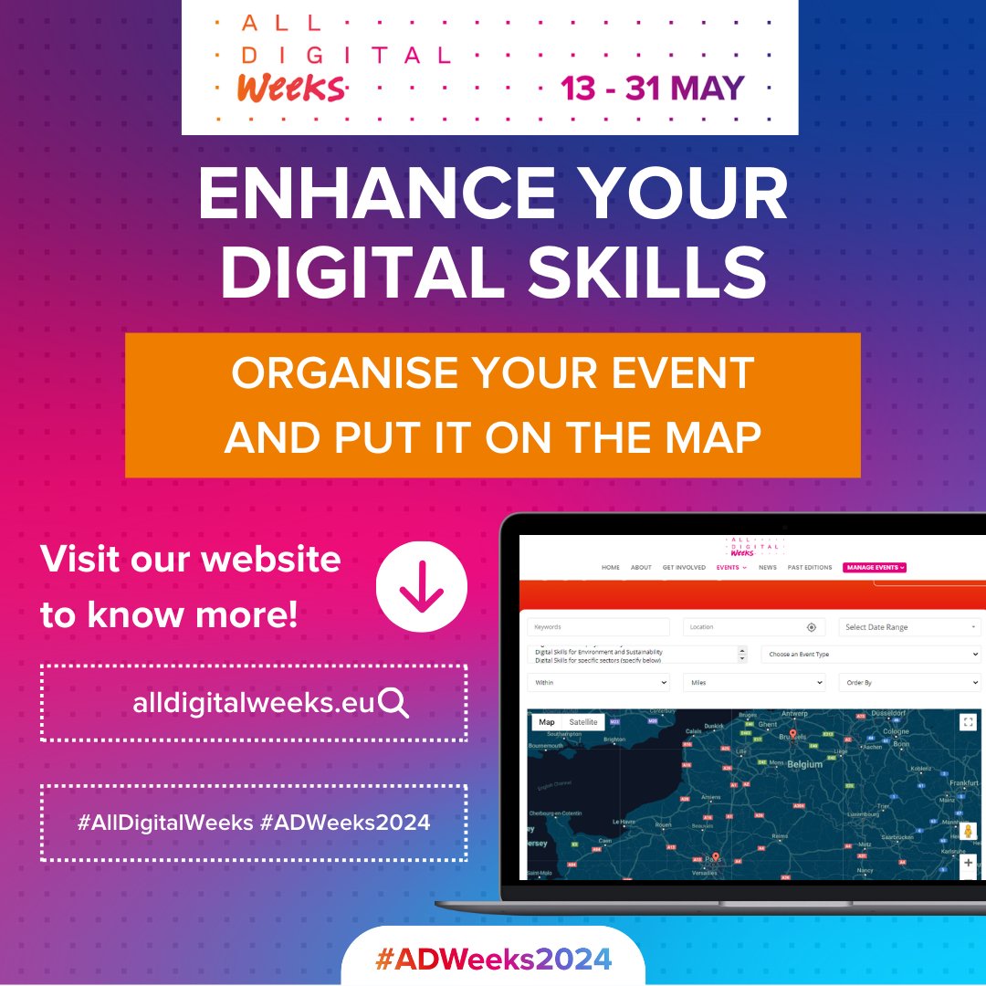 📍ALL DIGITAL WEEKS 2024 - The MAP OF EVENTS is live! 💻
 
🗺Join #ADWeeks2024, register your event on #digitalskills, and add it to the map on the #ADWeeks platform: alldigitalweeks.eu/home-2024/loca… 👩‍🏫

🏆Help us grow our community and try to win the ALL DIGITAL Best Event prize!