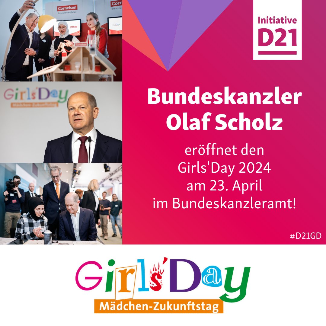 Initiative D21 (@initiatived21) on Twitter photo Countdown: Noch 11 Tage bis zum #GirlsDay-Auftakt #D21GD! Wir freuen uns sehr, dass wir den diesjährigen Mädchen-Zukunftstag wieder gemeinsam mit <a href="/Bundeskanzler/">Bundeskanzler Friedrich Merz</a> Olaf Scholz und 7 D21-Mitgliedern bei einem #MINT-Parcours im Bundeskanzleramt eröffnen. initiatived21.de/veranstaltunge… Countdown: Noch 11 Tage bis zum #GirlsDay-Auftakt #D21GD! Wir freuen uns sehr, dass wir den diesjährigen Mädchen-Zukunftstag wieder gemeinsam mit <a href="/Bundeskanzler/">Bundeskanzler Friedrich Merz</a> Olaf Scholz und 7 D21-Mitgliedern bei einem #MINT-Parcours im Bundeskanzleramt eröffnen. initiatived21.de/veranstaltunge…