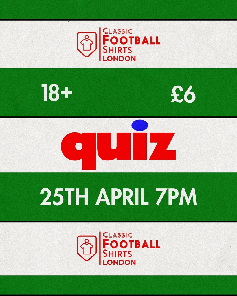 The Classic Football Shirts Quiz⁠ ⁠ ⭐️All football questions⁠ ⭐️Team size 5-a-Side⁠ ⭐️£6 ticket includes free drink⁠ ⭐️Prizes to be won⁠ ⭐️Wear a football shirt for extra points!⁠ ⁠ Secure your tickets with the link in bio. 18+