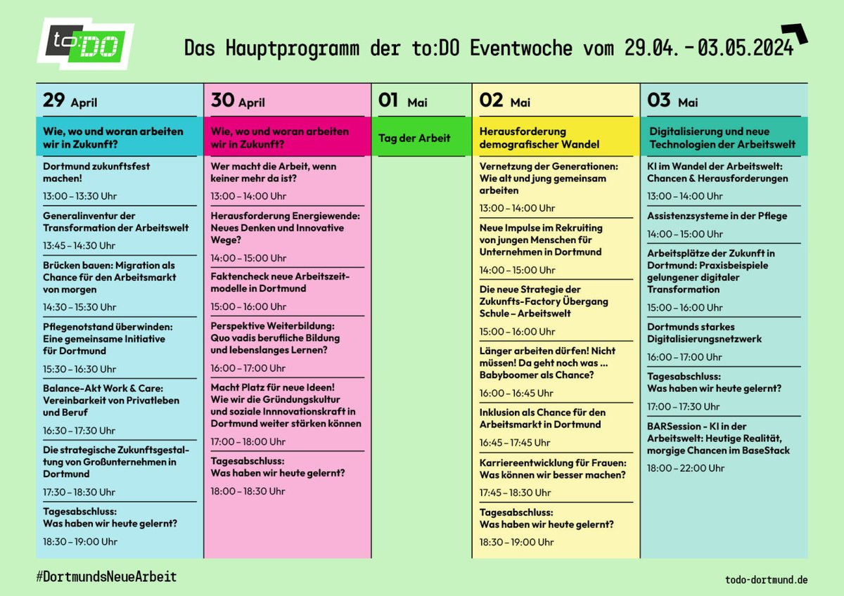 📅#DortmundNeueArbeit: vom 29.04.2024 - 03.05.2024 findet die Eventwoche 'to:DO Dortmunds neue Arbeit' im Baseology (inkl. Livestream vor dem Gebäude) statt. Erkunden Sie das spannende Programm aus unter👉todo-dortmund.de! #todoDortmund #ZukunftGestalten #Dortmund