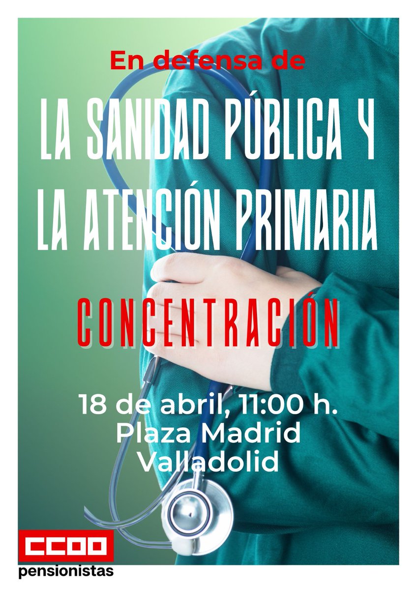 🗓️18 de abril ⏲️11h 🗺️Plaza Madrid, Valladolid 📢🔴En defensa de la #SanidadPublica y la #AtencionPrimaria 👇👇👇Allí estaremos!!