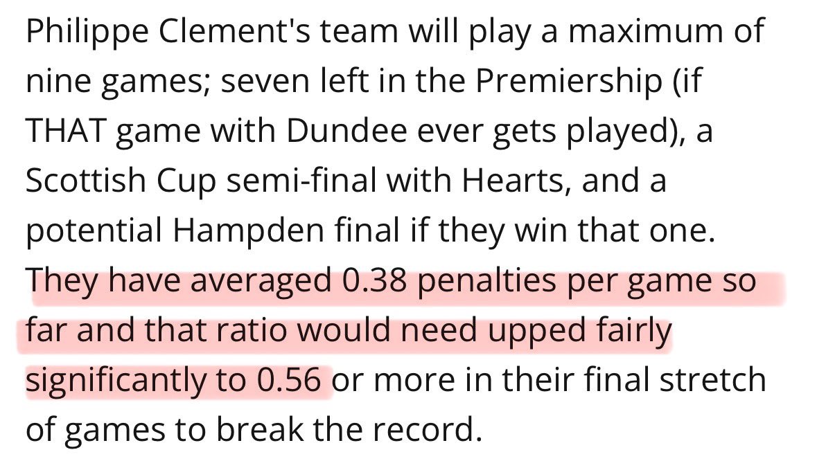 “They have averaged 0.38 penalties per game so far and that ratio wld need upped fairly significantly to 0.56 or more in their final stretch of games to break the record.” Domestically, under Clement, Rangers have received 16 penalties in 28 games - a ratio of 0.57. Game on 👍
