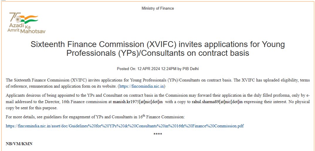 👉 The Sixteenth Finance Commission #XVIFC invites applications for Young Professionals (YPs)/Consultants on contract basis 👉 The #XVIFC has uploaded eligibility, terms of reference, remuneration and application form on its website: fincomindia.nic.in Read more ➡️…