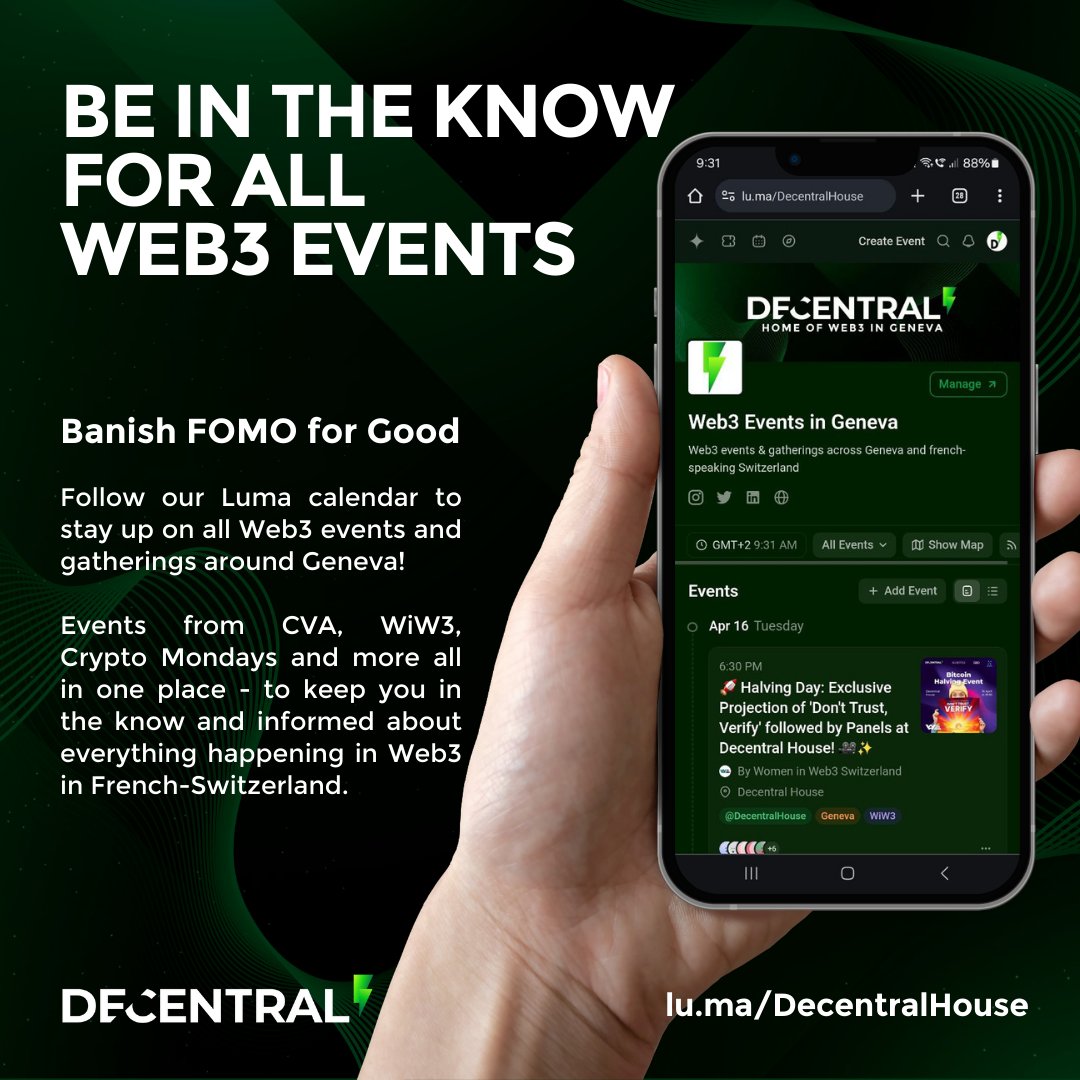Banish FOMO! Follow our Luma calendar for all #Web3 events in Geneva. 
Connect, learn, and engage with the local community. We've curated the best meetups, workshops, and more to keep you in the loop.

👉 lu.ma/DecentralHouse

#Geneva #BlockchainEvents #Web3Community