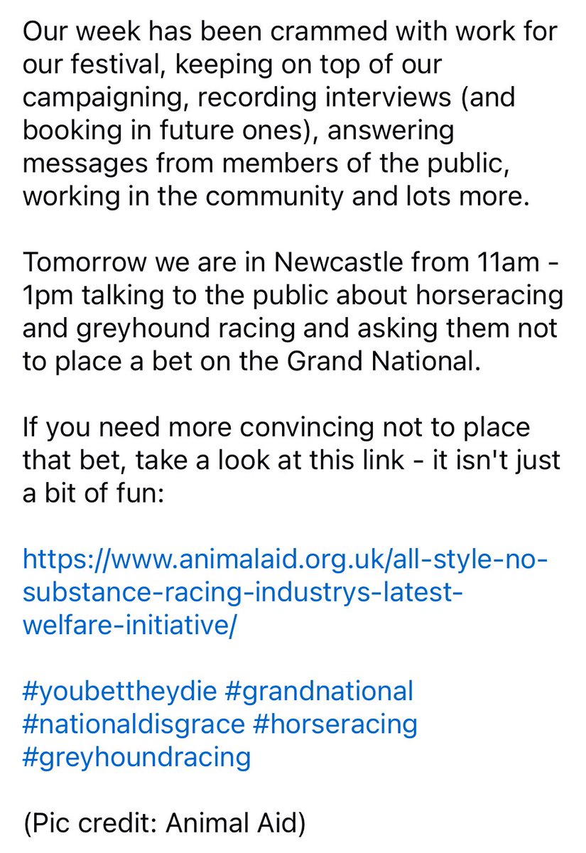 Welcome to our Friday Round Up where we look back over the week and ahead to the weekend. Full article in pic.  Link below:

animalaid.org.uk/all-style-no-s…

#youbettheydie #grandnational #nationaldisgrace #horseracing #greyhoundracing 

(Pic credit: @AnimalAid )