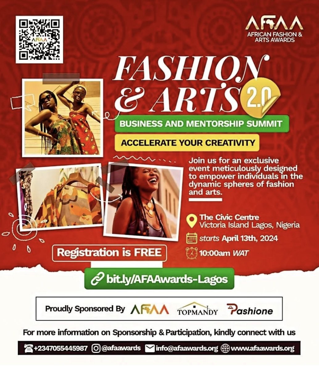Join me at the AFAA Fashion and Arts Business and Mentorship Summit 2.0, an event designed to empower individuals in the fashion and arts, on Saturday, 13th April 2024 in Lagos, Nigeria. Register to attend via the link: bit.ly/AFAAwards-Lagos.

#AFAAwards #MichaelFasere