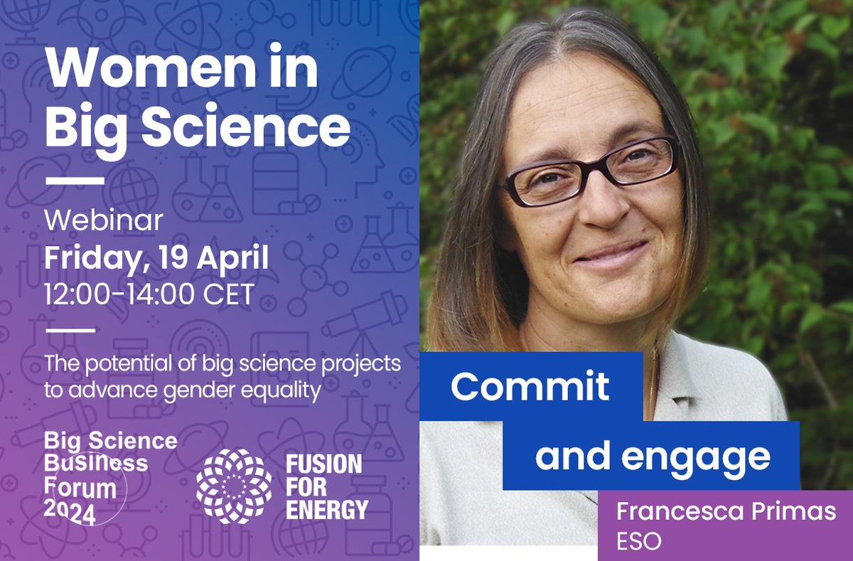 Join the webinar 'Harnessing the potential of big science projects to advance gender equality'!

🗓️ 19 April 
⏰ 12:30 - 14:00 CEST
ℹ️ Info & sign up: orlo.uk/q5TdE

Among the speakers, ESO astronomer Francesca Primas!

CC @bsbf2024 @fusionforenergy
#women #bigscience