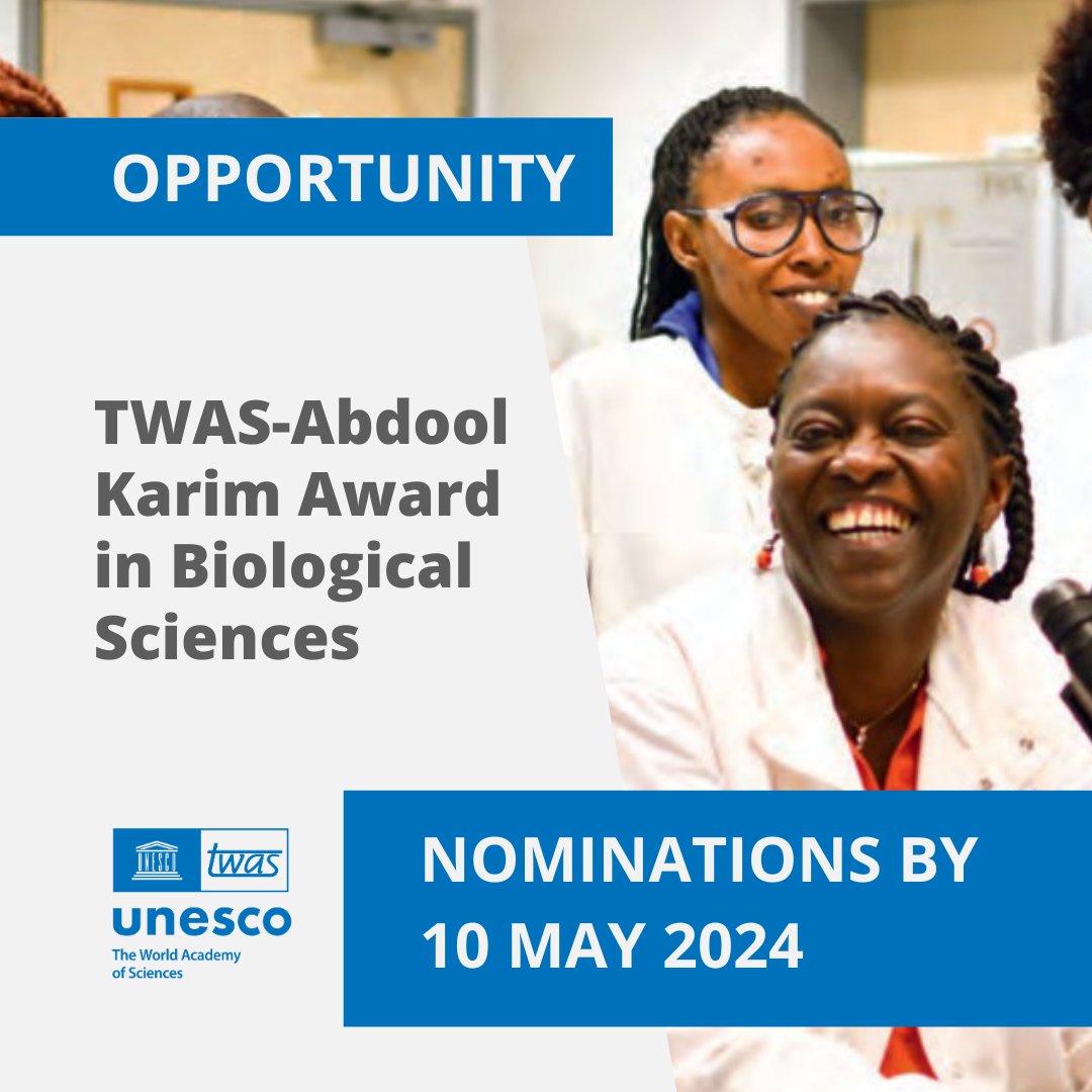 The TWAS-Abdool Karim Award in Biological Sciences honours women scientists in low-income African countries for their achievements in #biology. Nominations are open! twas.org/opportunity/tw…