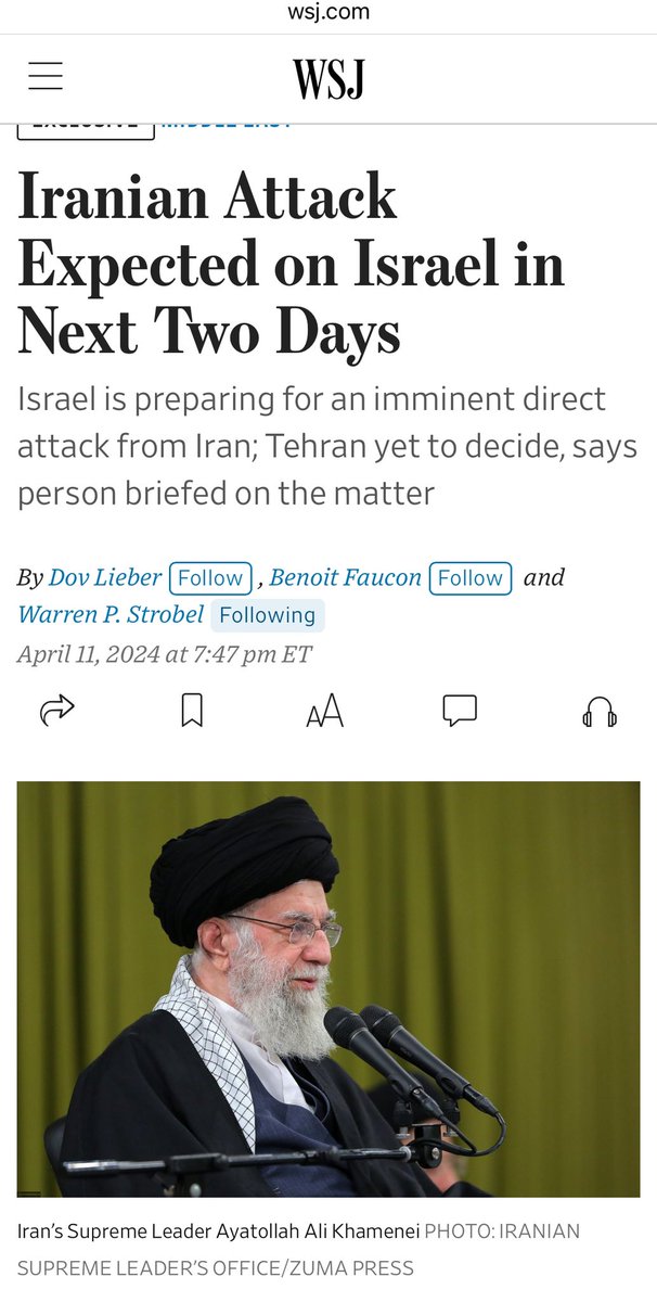 Israel is preparing for a direct attack from Iran on southern or northern Israel as soon as the next 24 to 48 hours, according to a person familiar with the matter wsj.com/world/middle-e… via @WSJ