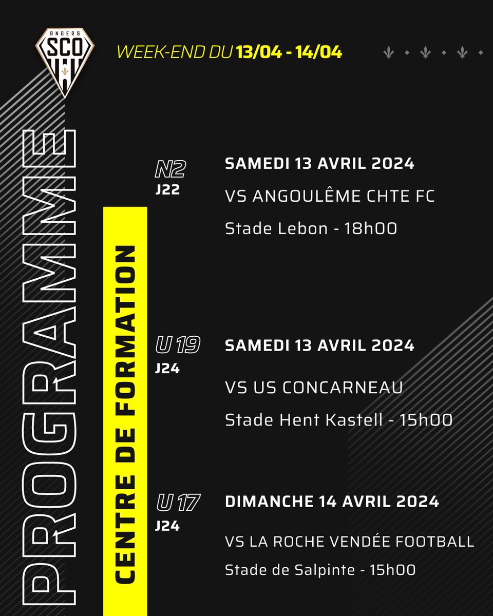 🗓️ Découvrez le planning du Centre de Formation de ce week-end, avec la réception de La Roche Vendée Football, dimanche, à 15h pour le groupe #U17.