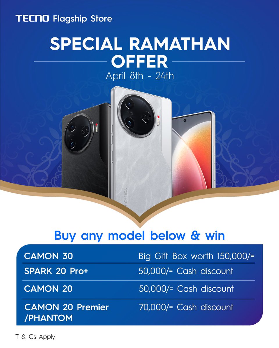 Ramathan is done, but not at @TECNOMobileUG flagship store.. Here are special offers going on till 24th April. Head to Arena mall at the tecno flagship store, buy and win. For every camon 30 you buy, you win yourself a big gift box worth 150k #Camon30AIPhone #TECNOArenaMall