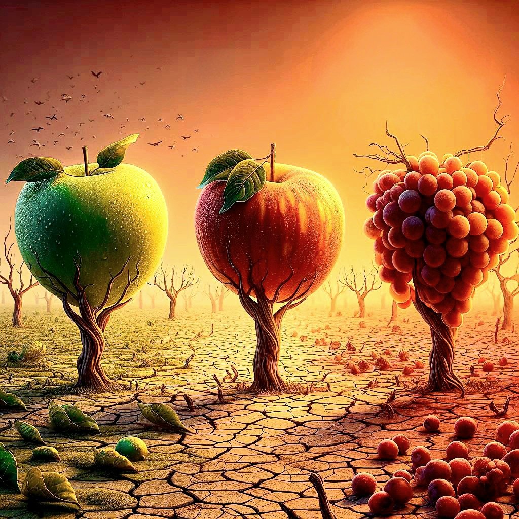 Prompt : apple tree, orange tree, grape tree all dying in super hot and dry whether #BingCreator #ClimateCrisis #GlobalWarming Global Warming is not only about we need a big electric fan. It's more about the agriculture and foods we eat.