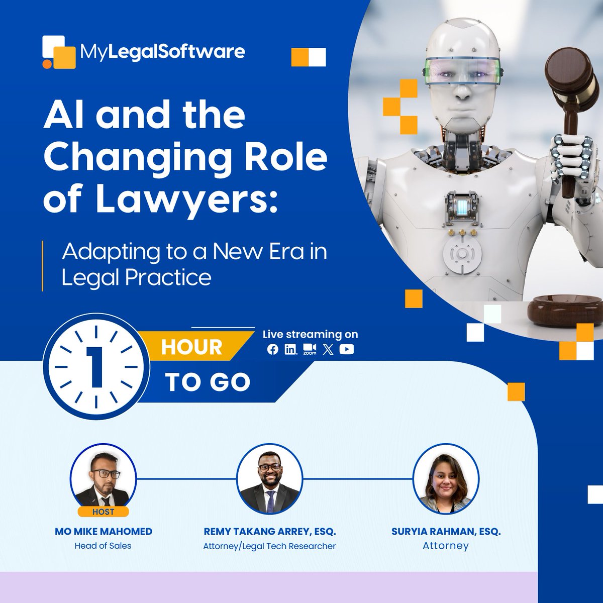 It's an hour to go! Join our upcoming webinar: AI & The Future of Law to discover how AI can empower your practice.

You can still register now, at mylegalsoftware.com/webinarregistr…!
#webinar #law #legaltech #AI #futureoflaw #myls #legalsoftware