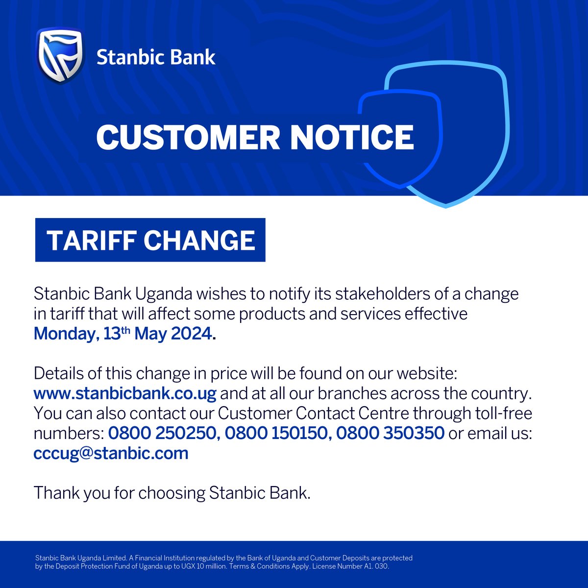 #PublicNotice : Tariff Change.