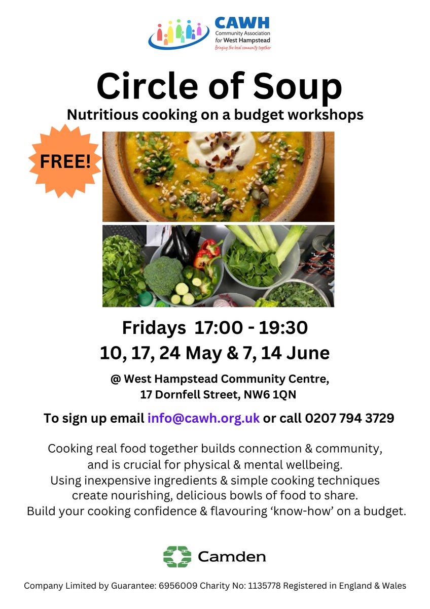 New FREE cooking course at CAWH! Starts 10th May. To sign up email info@cawh.org.uk