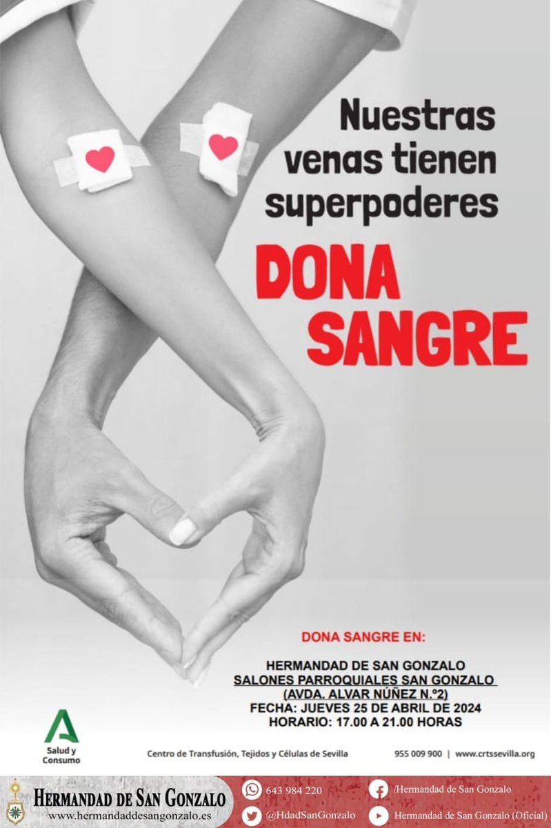 📝 #NoticiasEnSanGonzalo | Las diputaciones de caridad y de 👐 #AcciónSocialEnSanGonzalo organizan el jueves 25 de abril, junto al @donantessevilla , una donación de sangre en los salones parroquiales de #SanGonzalo