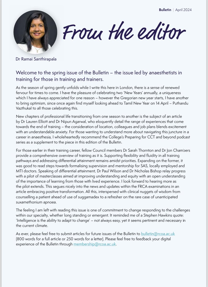 As I look forward to celebrating #TamilNewYear this weekend, delighted to share @RCoANews Bulletin, spring edition, speaks to new beginnings & changing of seasons in training and careers in anaesthesia. Log into your ‘My RCoA’ & read (scroll) on 👇🏾 ow.ly/LykZ50R7gZM