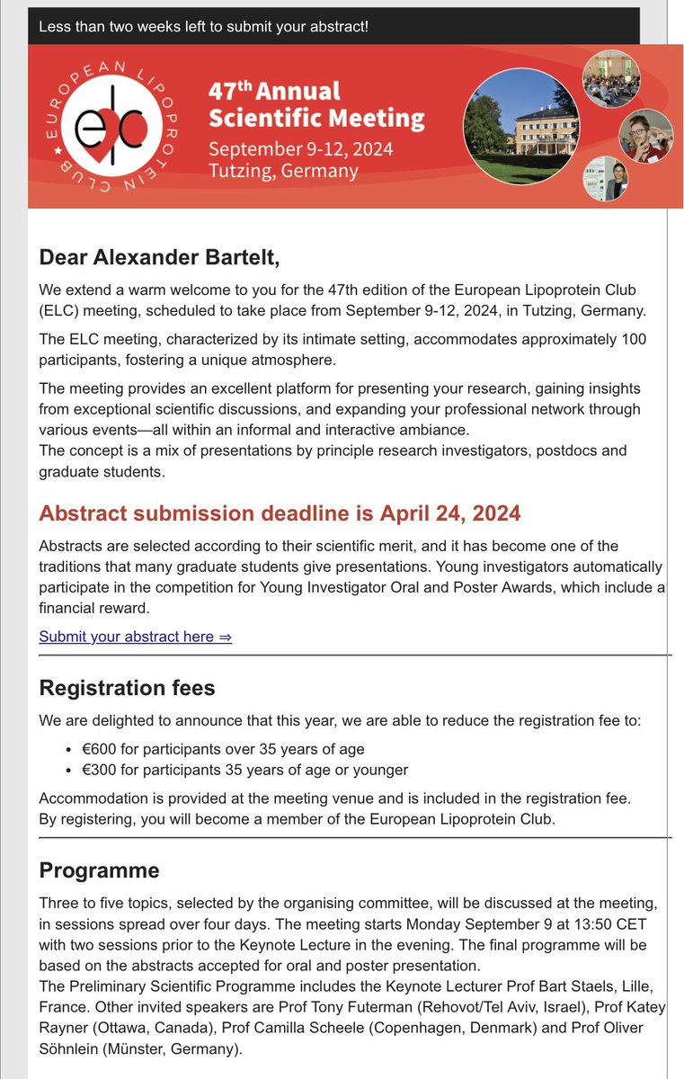 As the abstract deadline of the European Lipoprotein Club Meeting is approaching I’m excited to announce that thanks to our sponsors we reduced the registration fee by 25%! Come and join us for exciting science and excellent networking opportunities at beautiful Lake Starnberg 🙋‍♂️