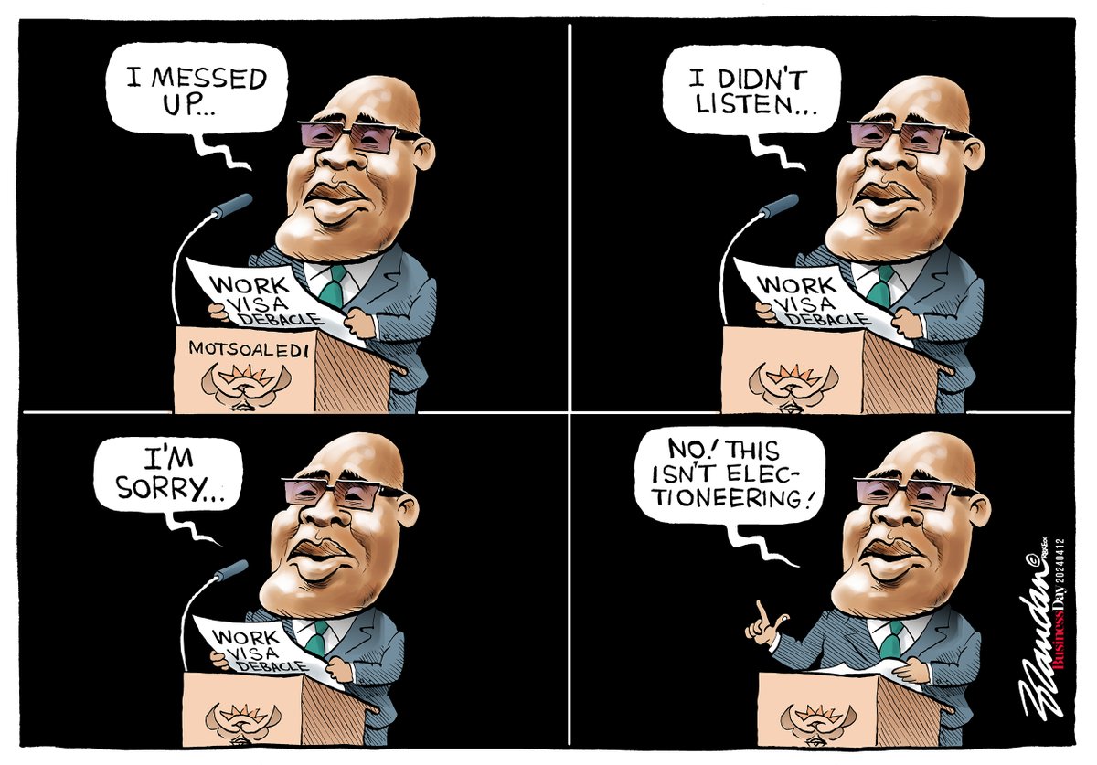 In a rare display of humility, Home Affairs Minister Aaron Motsoaledi apologises for gazetting a revised work visa bill before public participation had closed... Business Day, Friday 12 April 2024 brandanreynolds.com/2024/04/12/bus…