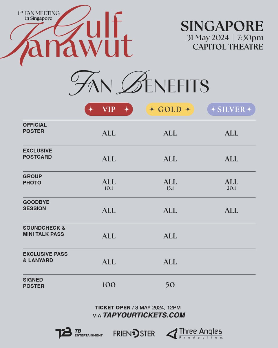 Singapore, are you ready to meet Gulf Kanawut up close? ✨ Gulf is coming to Singapore for his very first fan meeting, and we can’t wait! 🤗💕 🗓️ 2024.05.31 | 7:30PM 📍 Capitol Theatre Tickets will be available from 3 May 2024 at 12:00PM via tapyourtickets.com.